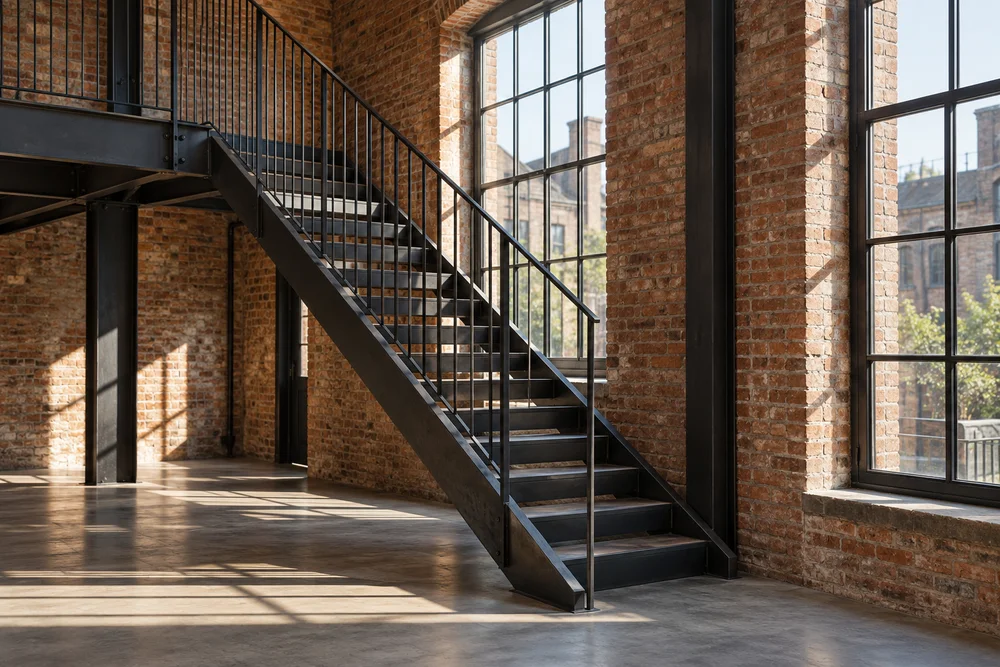 Dark steel staircase and balustrade in a brick industrial interior