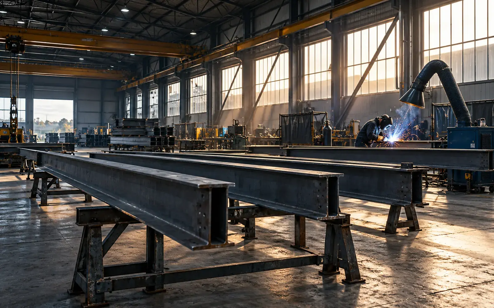 Steel beams and a fabrication bench beneath the roof trusses of an industrial workshop