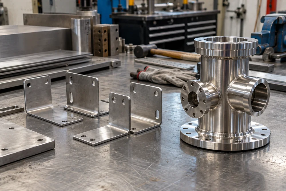 Brushed metal brackets and fabricated components on a workshop bench