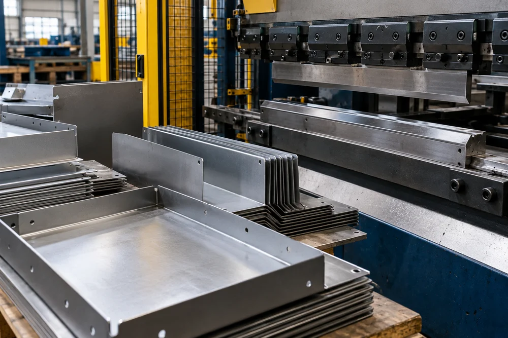 Folded metal trays and panels beside a press brake