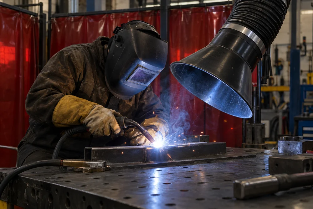 Welder wearing protective equipment with extraction positioned beside the joint