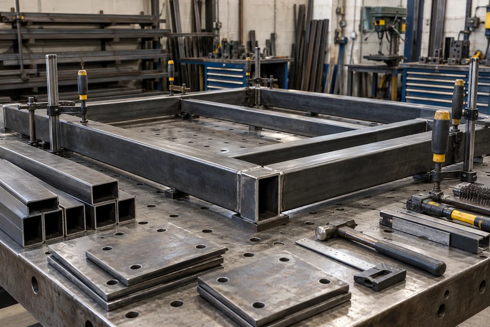 Box section steel frame clamped to a fabrication table