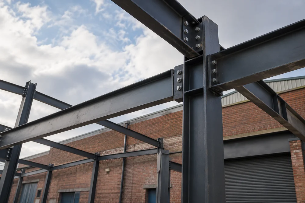 Bolted structural steel frame beside a brick industrial building